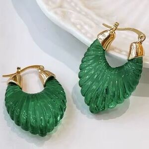 Anthro “Gabi” Sculptural Forest Green Scalloped Striated Parabola Frosted Hoops